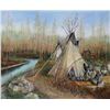 Image 2 : Framed oil on canvas painting featuring a native riverside camp, signed by artist Richard Dixon, 42"