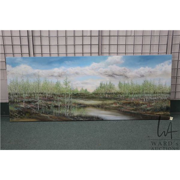 Unframed stretched, oil on canvas painting titled on verso " Pond at Elk Island", signed by artist R