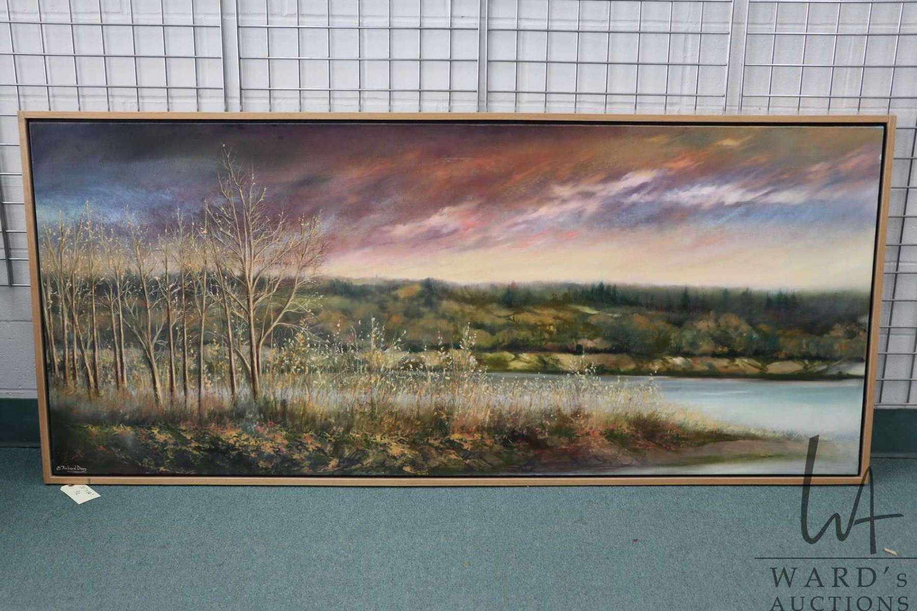 Framed oil on canvas painting of a sunset forest landscape, signed by ...