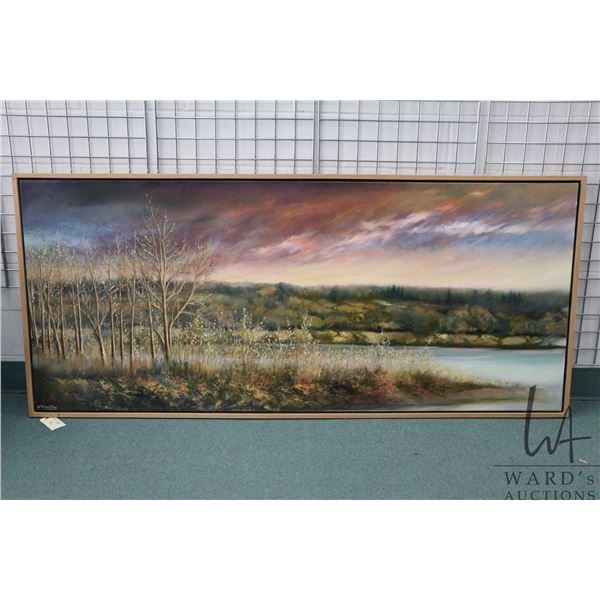 Framed oil on canvas painting of a sunset forest landscape, signed by artist Richard Dixon, 38" X 86