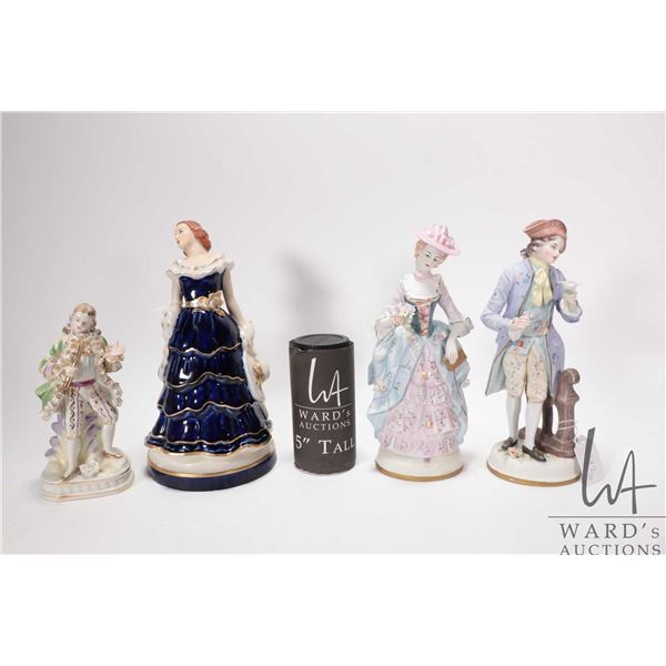 Vintage hand painted figurines including Royal Dux 10  lady, plus a couple and a small trumpeter