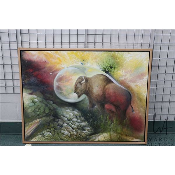 Framed oil on canvas painting of a spirit bison on the water's edge, signed by artist Richard Dixon 