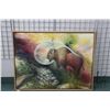 Image 1 : Framed oil on canvas painting of a spirit bison on the water's edge, signed by artist Richard Dixon 