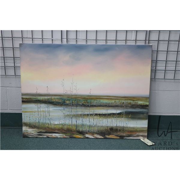 Unframed stretched oil on canvas painting, titled on verso "Willows Against Pink Sky- Elk Island Nat