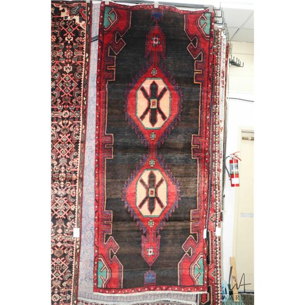 100% handmade Iranian wool carpet runner "Hamdan" with black background, double medallion and highli