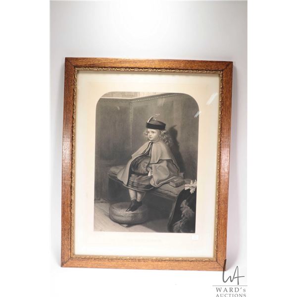 Antique oak framed etched print titled "My First Sermon", outside dimensions including oak frame 32"