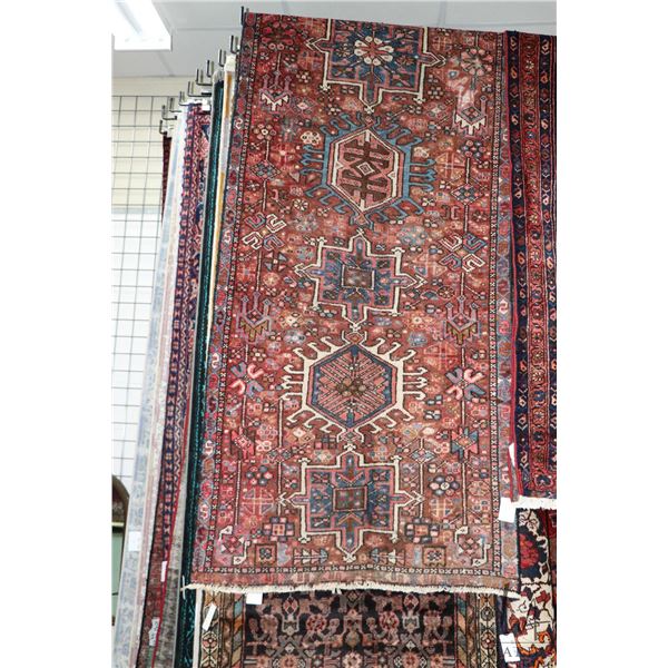 100% handmade Iranian wool carpet runner "Qarajeh" with multiple medallions, geometric pattern and h