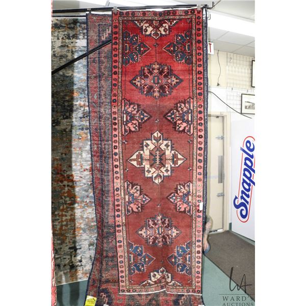 100% handmade Iranian wool carpet runner, "Zanjan" with triple medallion, red background and highlig