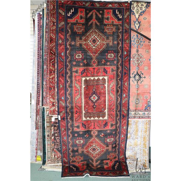 100% handmade Iranian wool carpet runner "Kurdish" with triple medallion, navy background and highli
