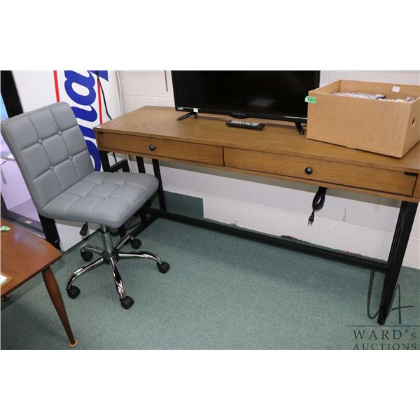 Oak and metal two drawer console desk with one drawer fitted for device charging, 30" H X 60" W X 11