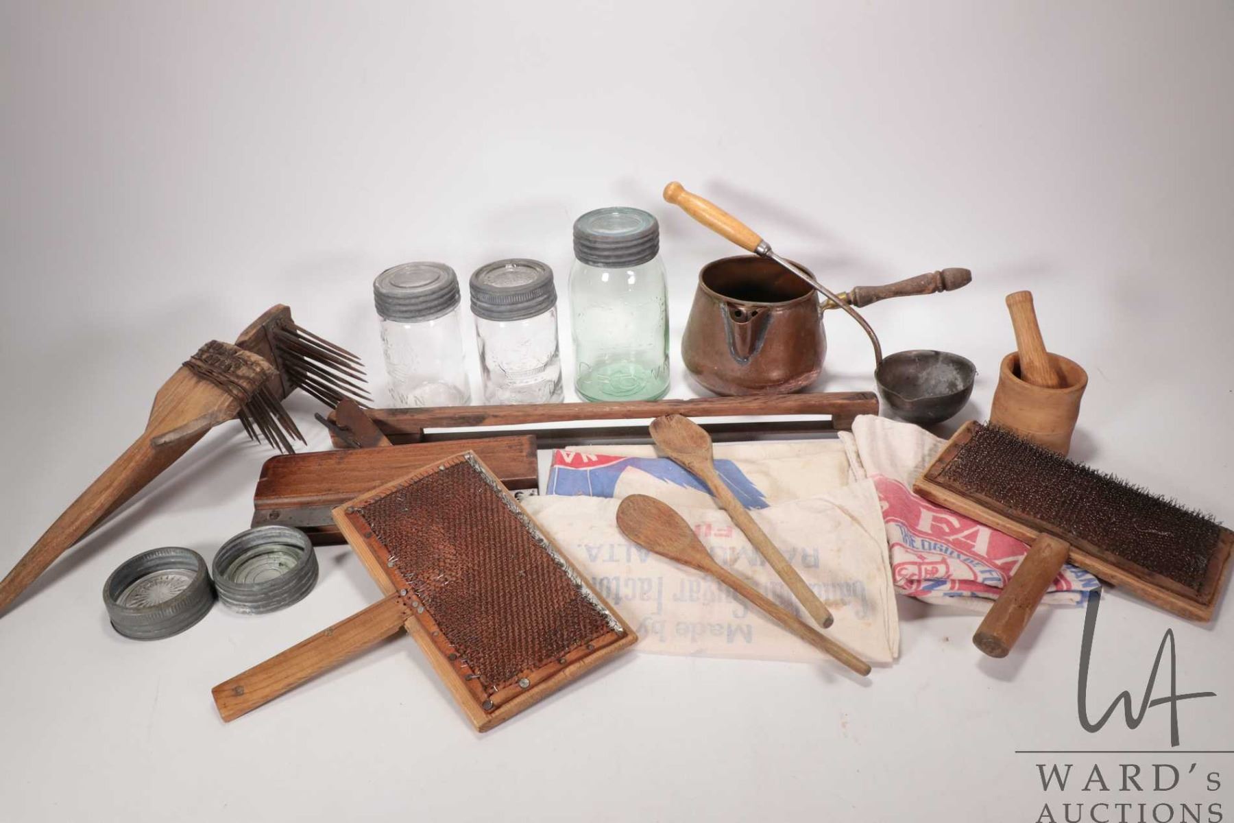 Prairie Items Selection of prairie household items including wool carders, set of ...