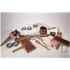 Image 1 : Selection of prairie household items including wool carders, set of berry pickers, wooden saw, seale