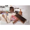Image 2 : Selection of prairie household items including wool carders, set of berry pickers, wooden saw, seale