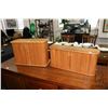 Image 1 : Two Mid century throw back, teak side rolling table top storage cabinets, 9" H X 21" W X 7" D and 12