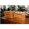 Image 2 : Two Mid century throw back, teak side rolling table top storage cabinets, 9" H X 21" W X 7" D and 12