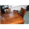 Image 2 : Modern mission style dining table, 60" L X 42" W, includes 18" skirted leaf and six matching side ch