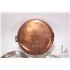 Image 2 : Three antique copper and tinned lined dishes including 11 1/2", 9 1/2" and 7 1/2" each with double r