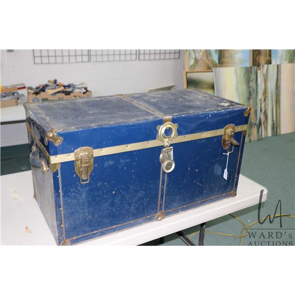 Blue metal and brass steamer trunk with no tray, 18" H X 34" W X 17" D