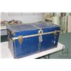 Image 1 : Blue metal and brass steamer trunk with no tray, 18" H X 34" W X 17" D