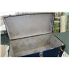 Image 2 : Blue metal and brass steamer trunk with no tray, 18" H X 34" W X 17" D