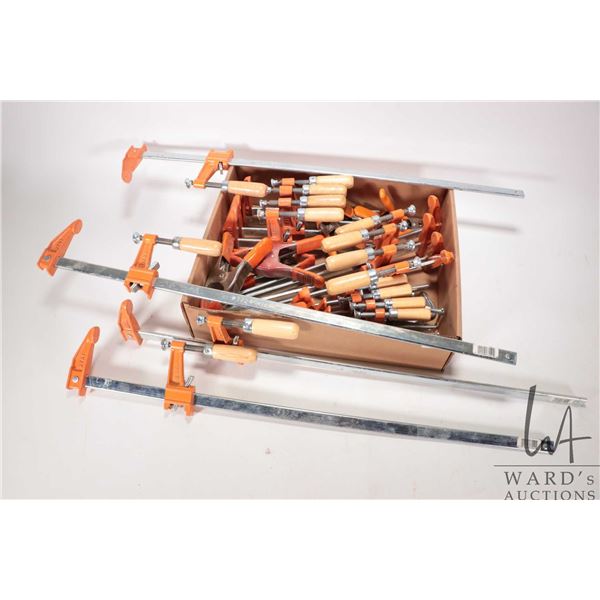 Large selection of clamps including seventeen Jorgensen bar clamps in assorted sizes, spring clamps 
