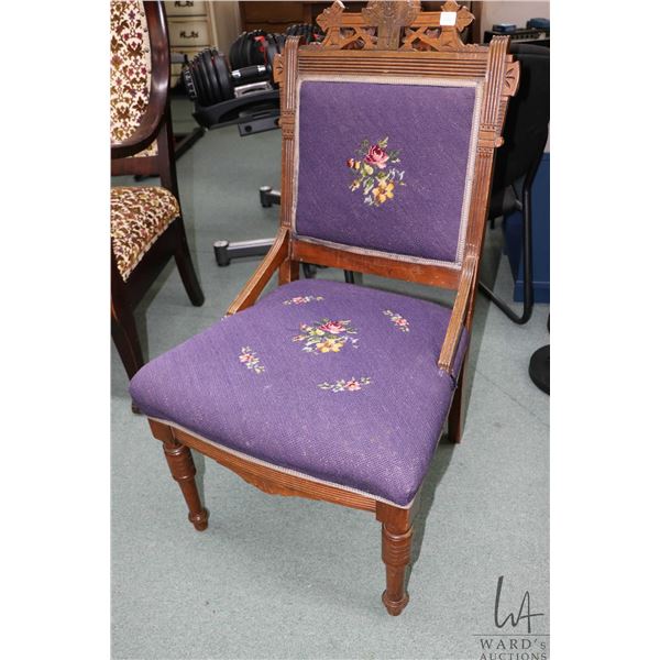 Antique Eastlake side chair with decorative wood and needle point upholstry