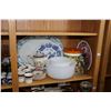 Image 2 : Shelf lot of collectibles and kitchenware including platter, coffee set, mixing bowls, miniature sam