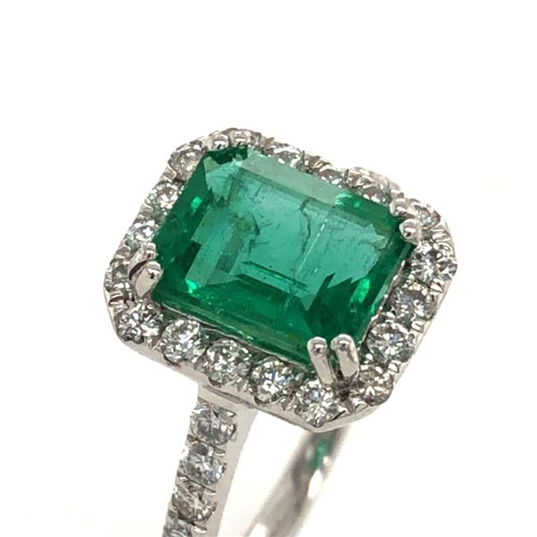Emerald & Diamond Halo Ring, SIgned