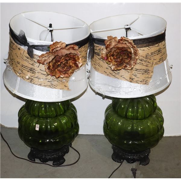 TWO LARGE BASE GREEN GLASS TABLE LAMPS WITH