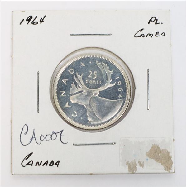 1964 CANADA SILVER 25 CENT PROOF LIKE CAMEO COIN