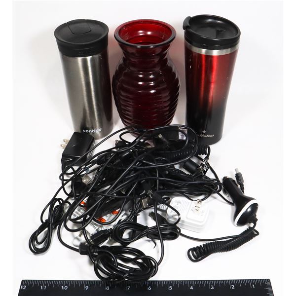 TRAVEL COFFEE MUGS, VASE, ASSORTED CHARGERS,