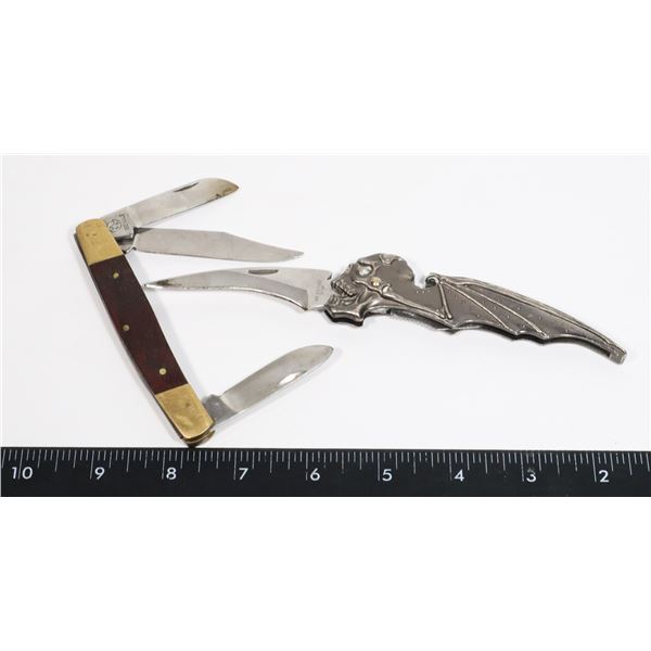 TWO POCKET KNIVES, ONE BAT SKULL THEME
