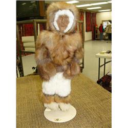14" Eskimo Doll with wood face, with fur parka, gloves, pants and mukluks by Marie Dementioff from M