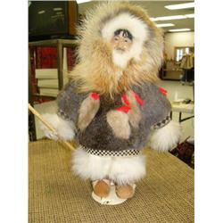 15" Eskimo Doll with wood face and harpoon wearing fur parka and mukluks (74)
