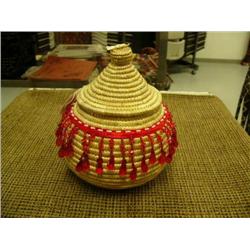 7 1/2 inch woven basket with top, beaded decorations by Flora Wassillie from Togiak (2)