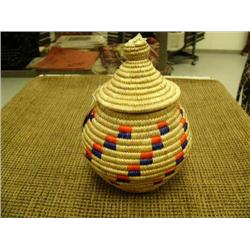 7" grass basket with top with orange and blue by Flora Wassillie from Togiak (2)