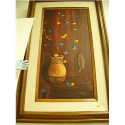 Original framed Dytka done in 81 of vase with yellow and blue flowers and feathers (2)