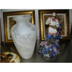 Lot of 2: white vase, and ceramic man playing the lute in an ocean scene (158)
