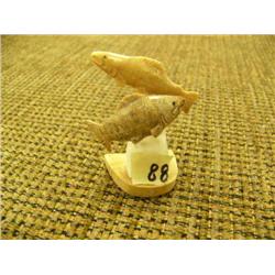 2" Ivory carving of 2 sockeye salmon by S. Seeganna on fossilized ivory base (2)