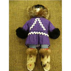 CHOICE ON 2: Eskimo doll with fur ruff and mukluks, purple kuspuk by Flora Wassillie from Togiak 14"