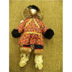 CHOICE ON 2: Eskimo doll with fur ruff and mukluks, floral kuspuk by Flora Wassillie from Togiak 14"
