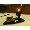Image 1 : 6.5" bone Eskimo man with ivory face and fur trim, ivory tipped spear and soapstone and bone sled on