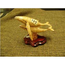 4.5" wood carving of 2 humpback whales on wood base by J.H of Seward, AK - retail $175 (2)