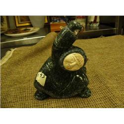 Soapstone carving of Alaska Native dancer with feathers and ivory face by E.S. - 7.75" tall (33)