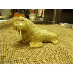 8" long soapstone walrus with ivory tusks by E.T. III (2)