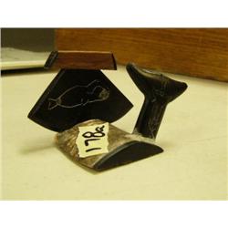 CHOICE on 2 baleen and bone carvings with whale tail and ulu scrimshawed with whale (2)