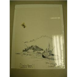 CHOICE on 2 original pen drawings by Benjamin Downs in 1983 from Valdez, AK : "Coming Home- Valdez B