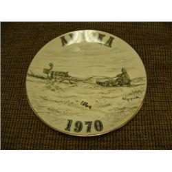 CHOICE on 2 Alaska 1970 plates by Ahgupuk depicting Caribou drawn sled and Eskimo -retail $35 (2)