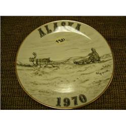 CHOICE on 2 Alaska 1970 plates by Ahgupuk depicting Caribou drawn sled and Eskimo -retail $35 (2)