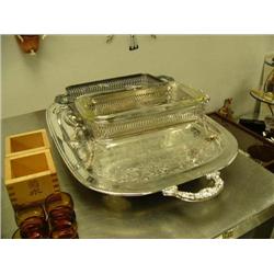 Lot of: silver serving platter and 2 serving pieces, one with Pyrex dish (168)